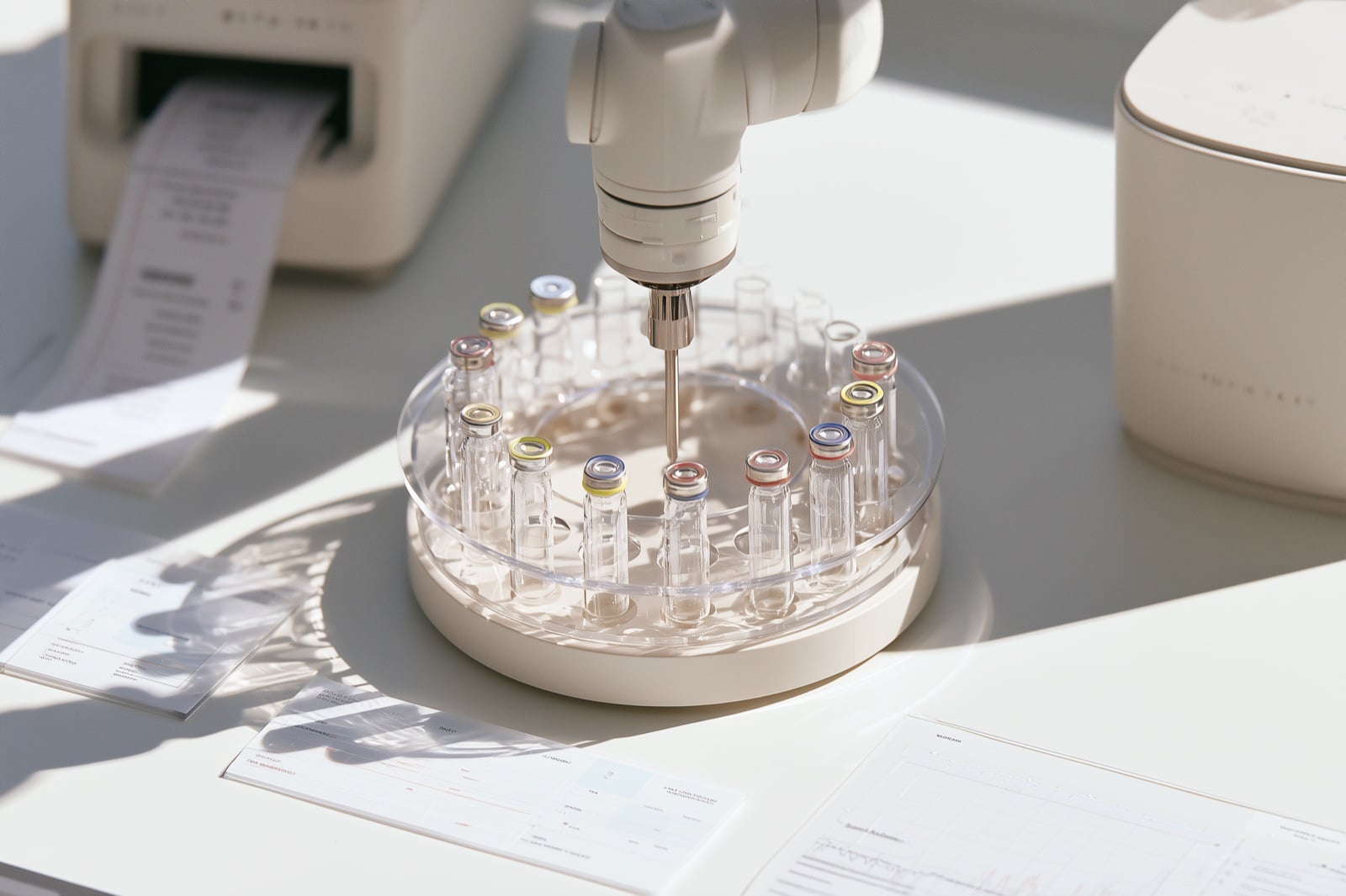 An automated analyser arm drawing from a ring of clean sample vials in hard daylight.