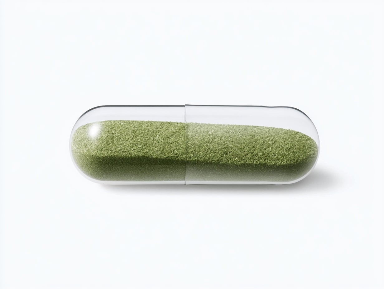 A transparent capsule filled with green powder on a white surface.